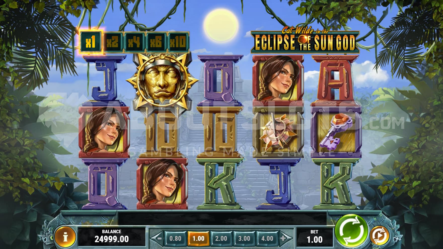 Base Game view of a 5x3 grid on a backdrop of a tropical jungle with an Aztec temple standing in the middle.