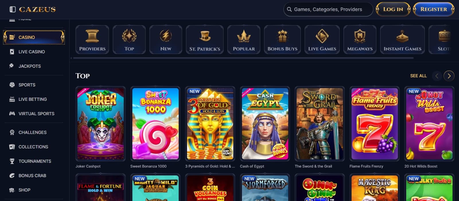 Cazeus Casino games page with popular slots under category tabs