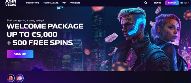 The main page of JohnVegas Casino where one man and one woman with purple hair and edgy clothes are shown.