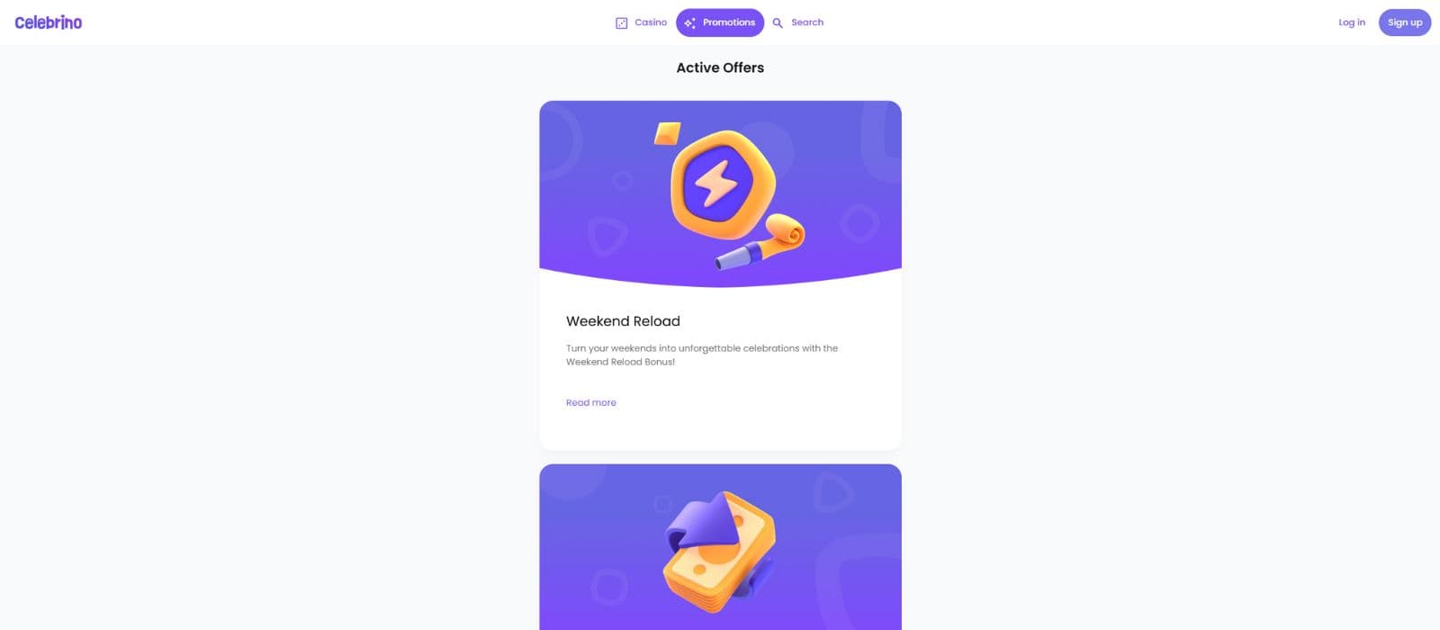 Celebrino promotion page showing the available bonuses and promotions