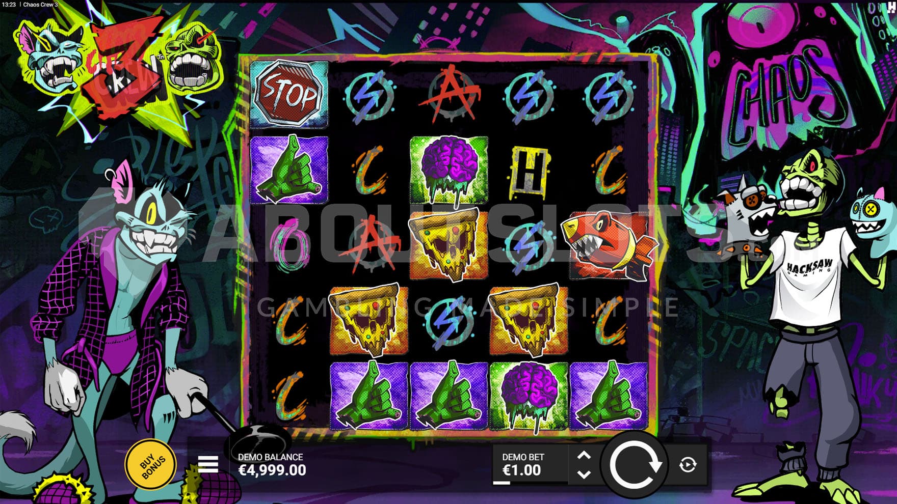 Base Game view of a 5x5 grid on a backdrop of a graffiti-covered wall with Cranky Cat and Sketchy Skull on both sides.