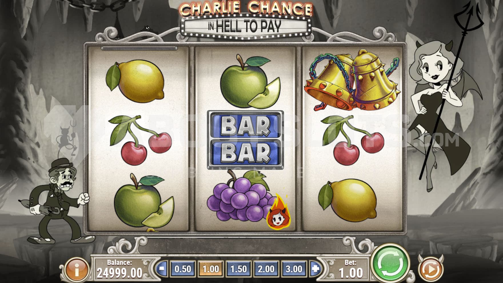 Base Game view of a 3x3 grid on a backdrop of a cartoon, monochromatic hell.