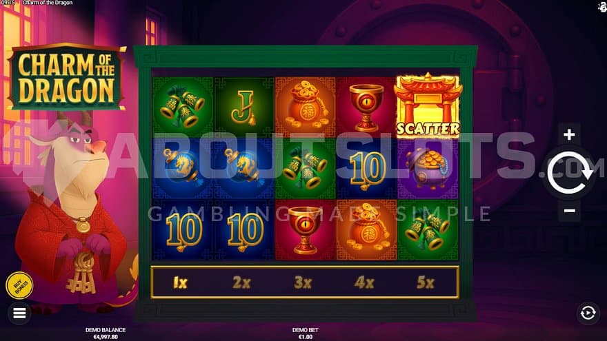 A casino slot with five reels and three rows.