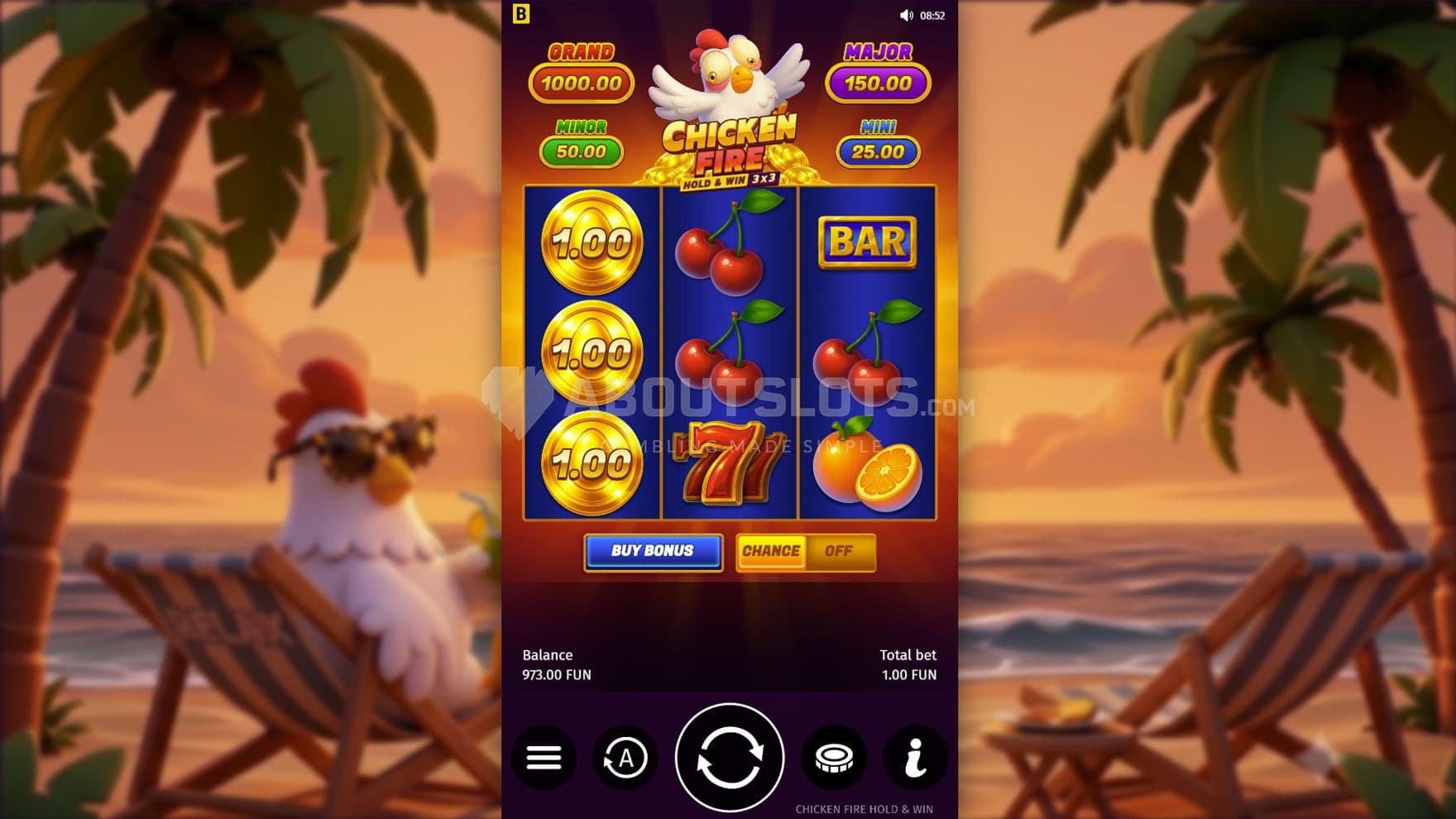 Screenshot of the base game, showing a 3x3 grid on a backdrop of a beach, with a chicken sitting on a sunbed.
