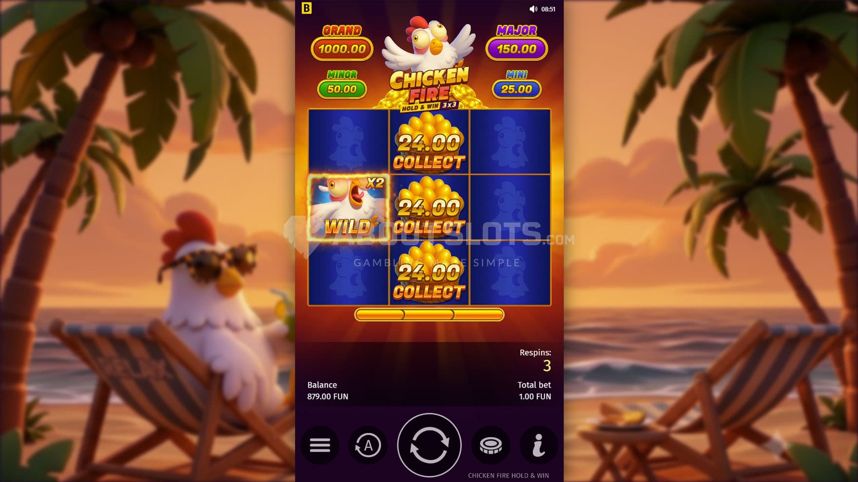 Screenshot of the Bonus Game, showing three Collect symbols on the middle reel and a Wild activating a multiplier on reel 1.