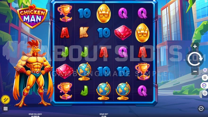 A casino slot with a superhero chicken next to it.