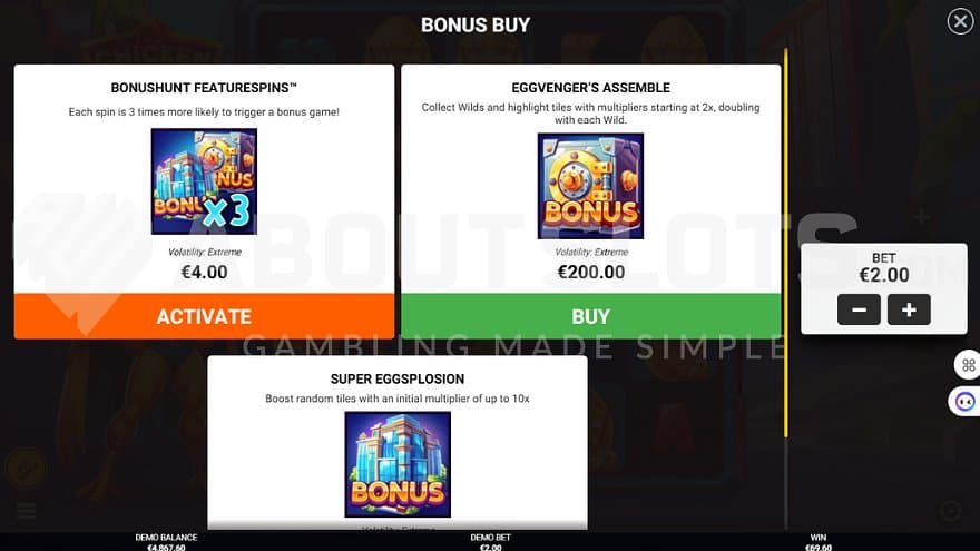 A menu offering the Eggvenger's Assemble for 100X the bet and the Super Eggsposion for 200X the bet.