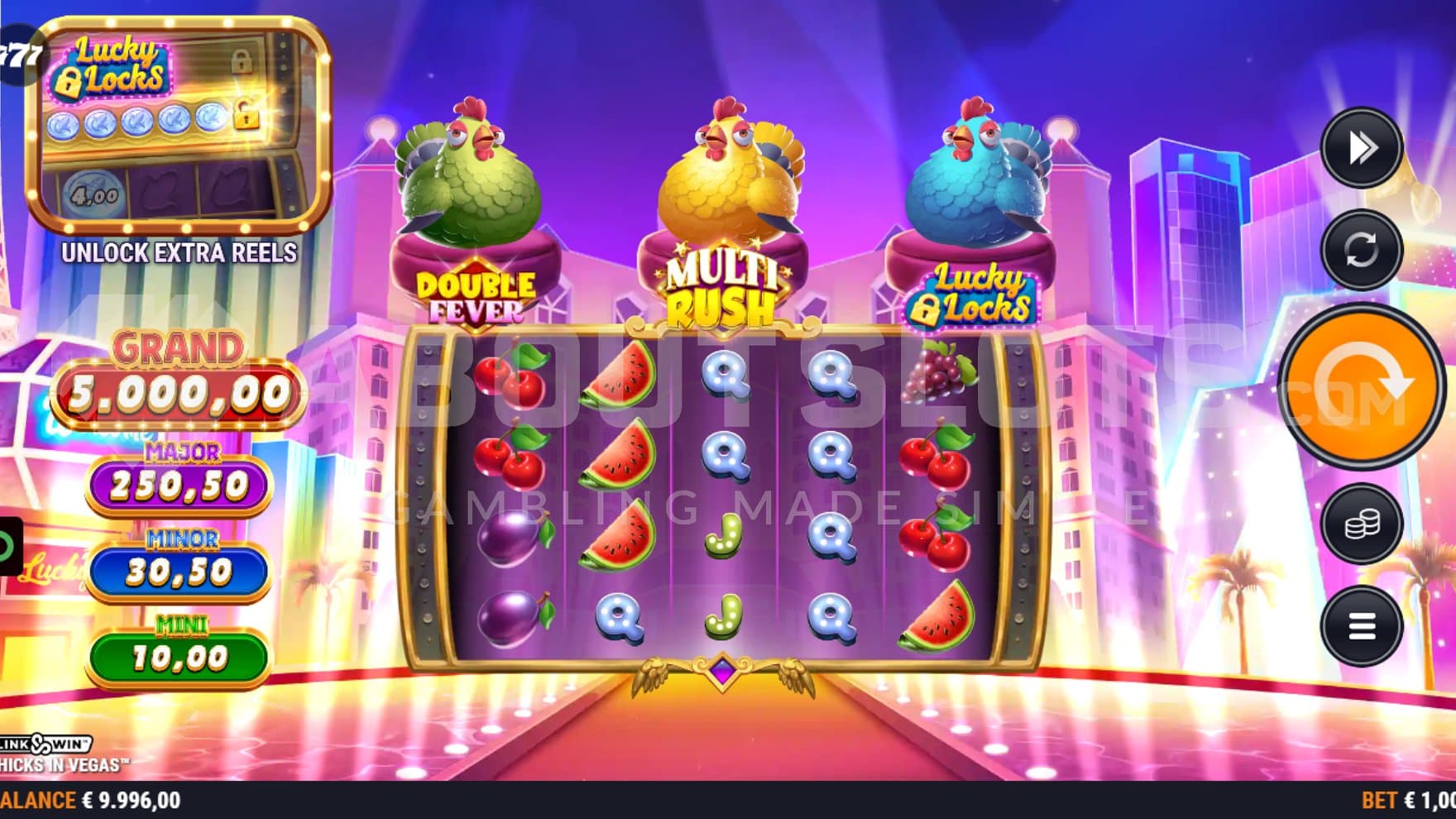 A casino slot in Las Vegas with hens above the reels.