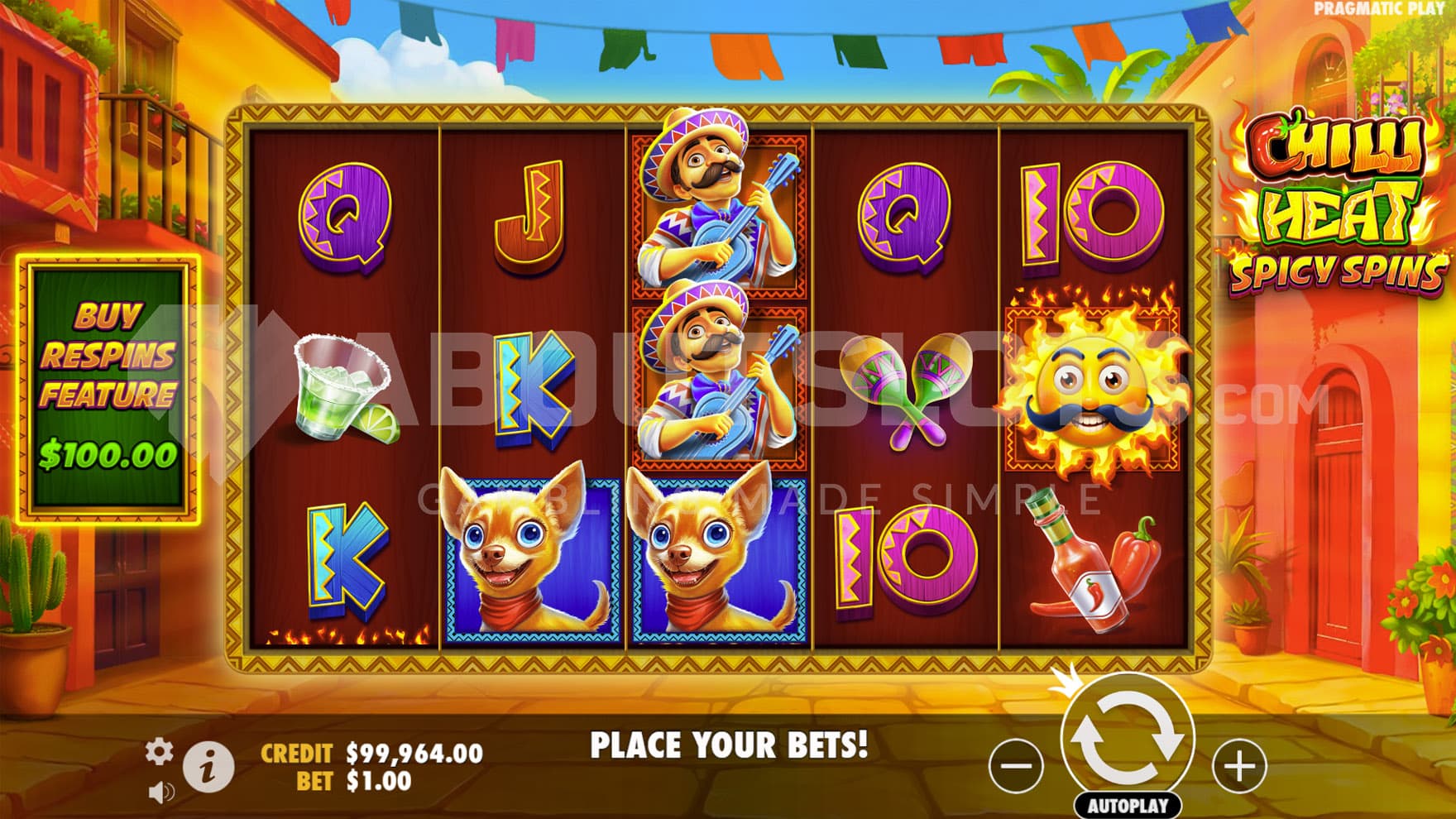 Base Game view of a 5x3 grid on a backdrop of a colorful Mexican town.