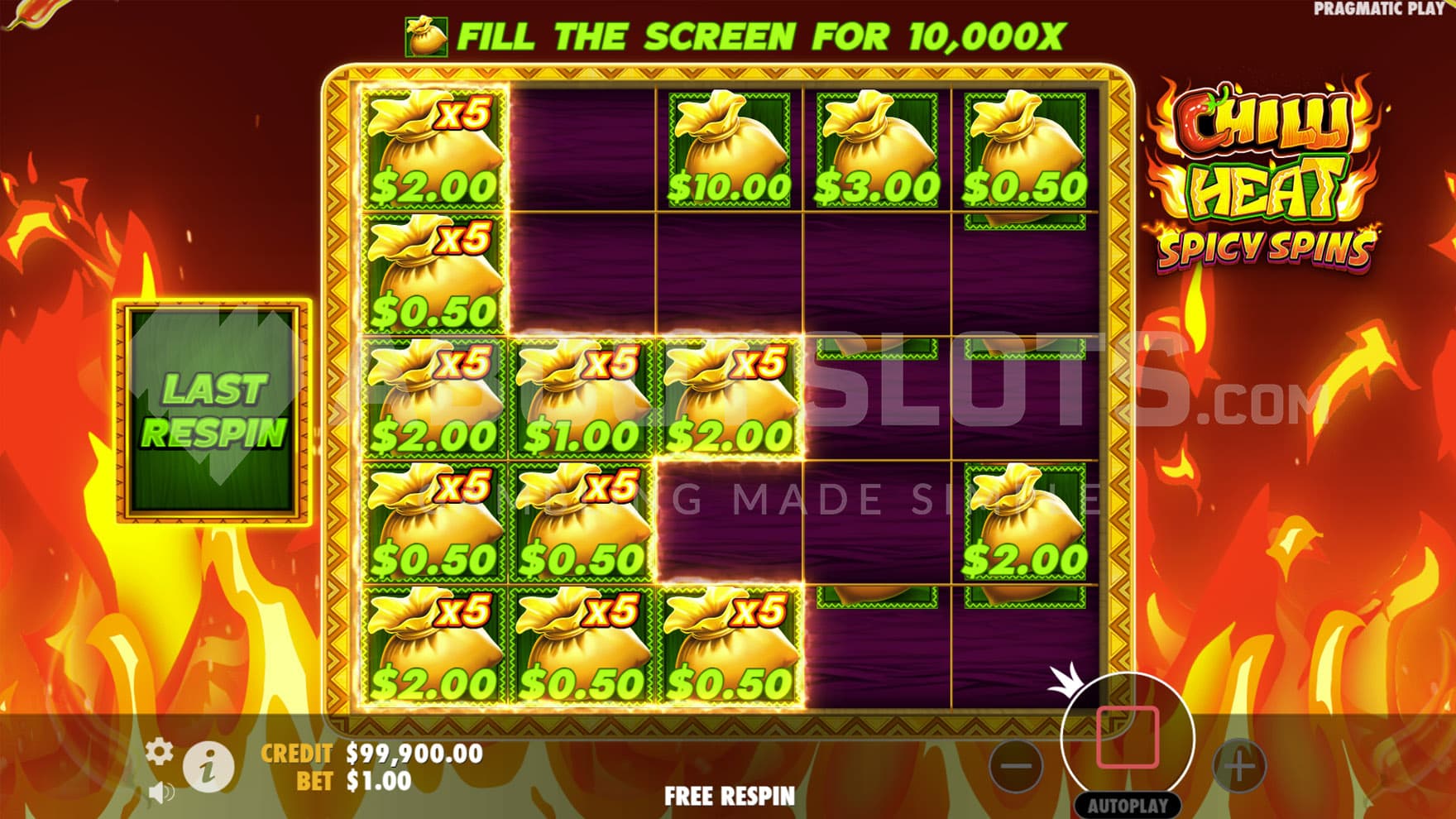 Respin Feature in progress, showing multiple Money Symbols sticky on the grid, several of them connecting into a cluster with an additional x5 multiplier.