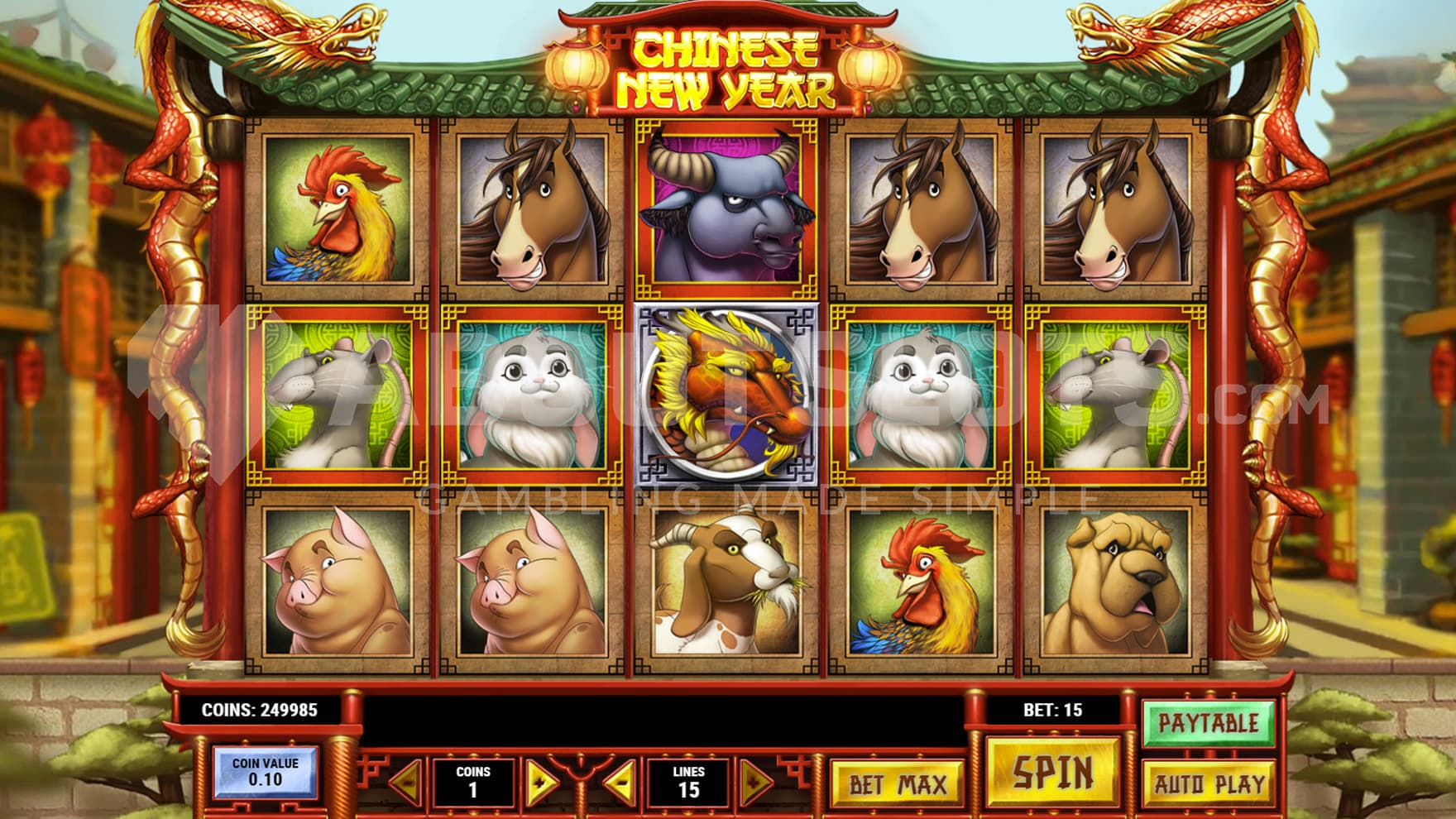 Base Game view of a 5x3 grid populated with animal symbols, on a backdrop of an Asian street.