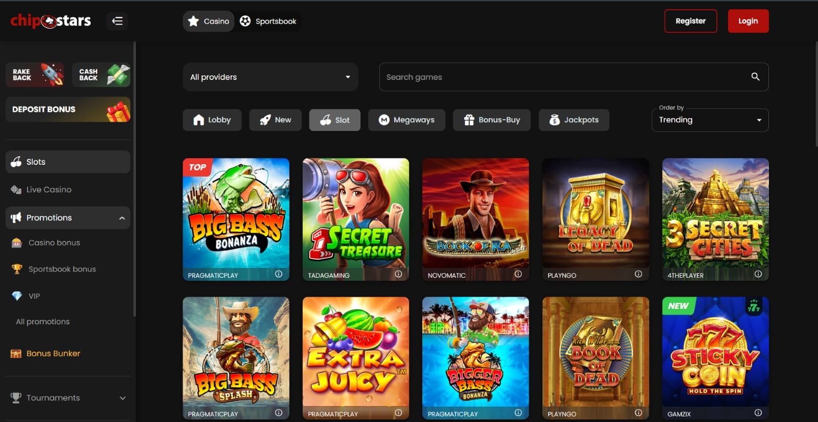 Chipstars Casino games page with slot titles under provider and search filters and category tabs