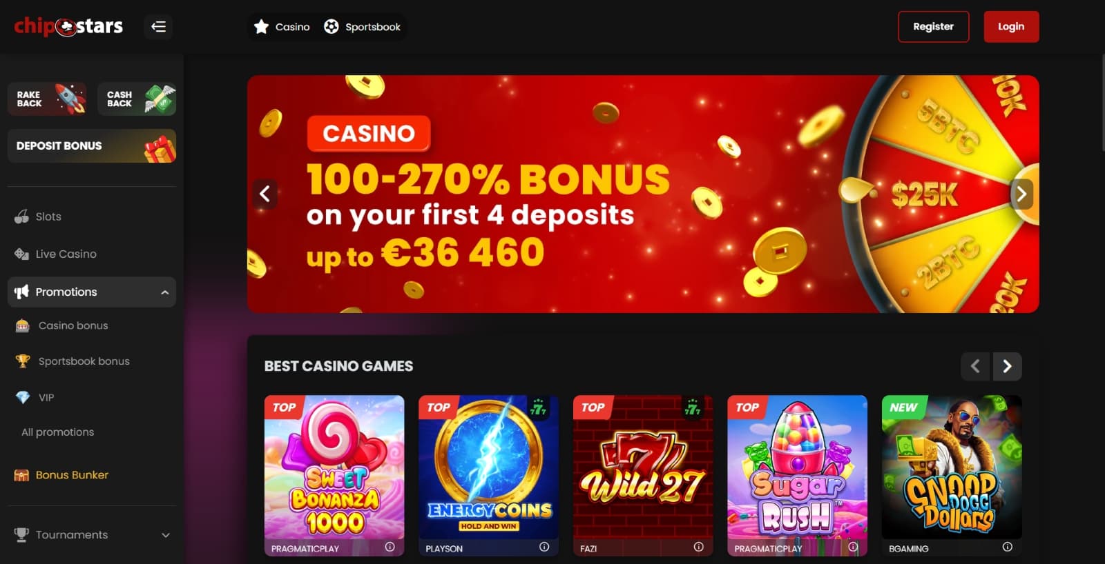 Chipstars Casino Landing page with welcome bonus on red and gold prize wheel image