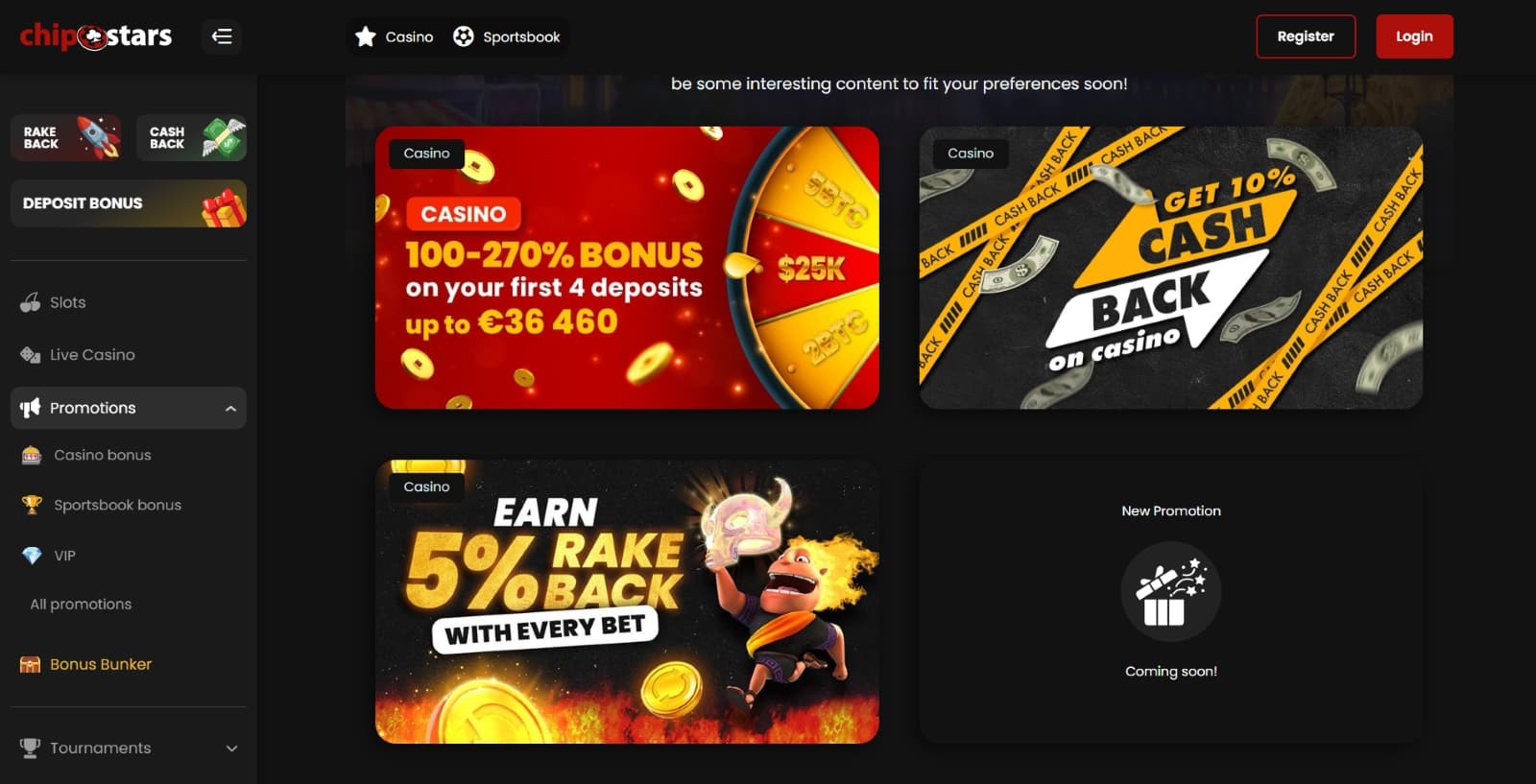 Chipstars Casino promotions page with casino bouses, cashback, rakeback and welcome bonuses