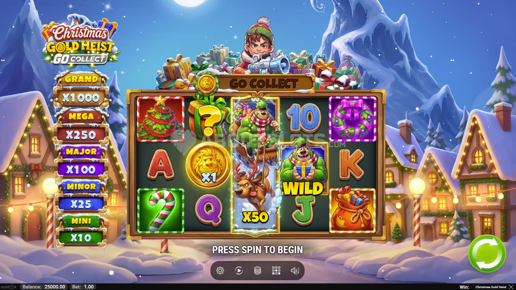Screenshot of the base game, showing a 5x3 grid on a backdrop of a festive town covered in snow.