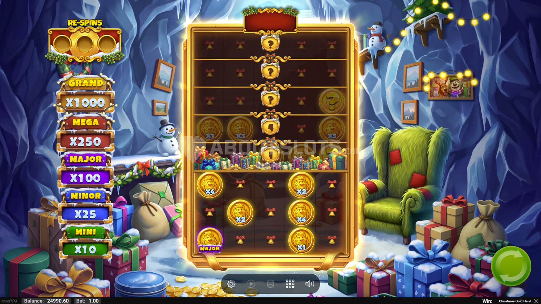 Screenshot of the Hold'n Grow bonus in progress, with multiple coin symbols locked on the grid.