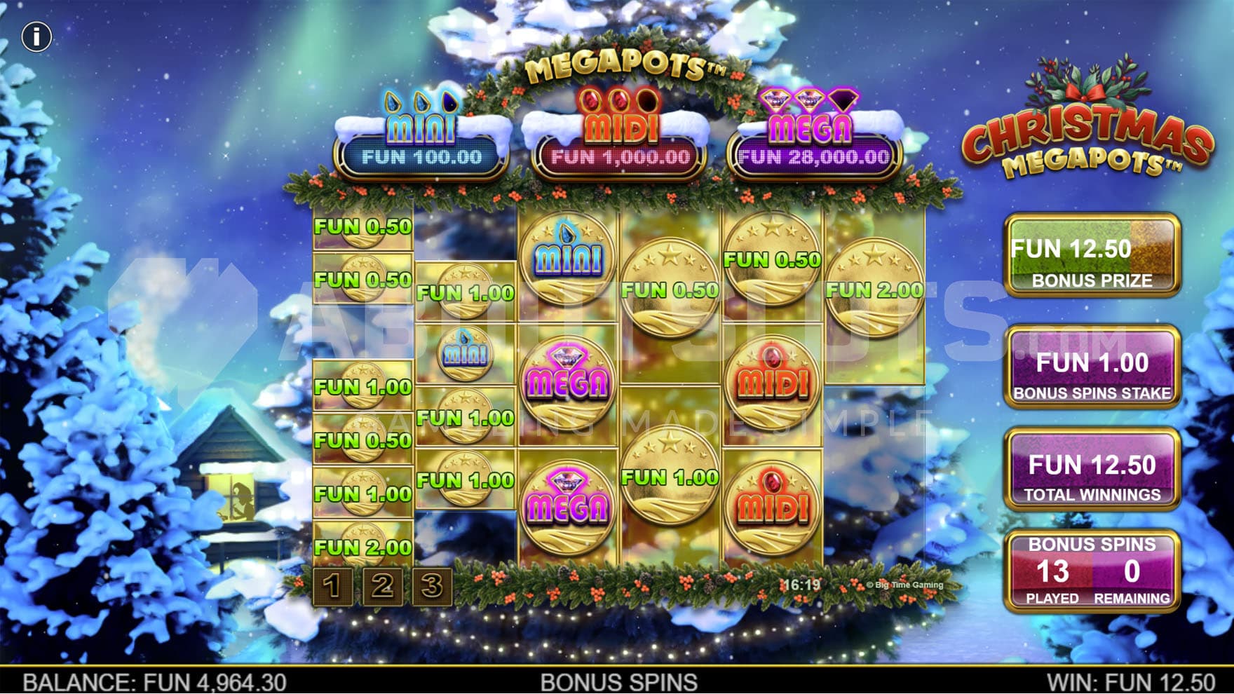 Hold and Spin bonus in progress, showing multiple cash prizes and Megapots symbol on the grid.