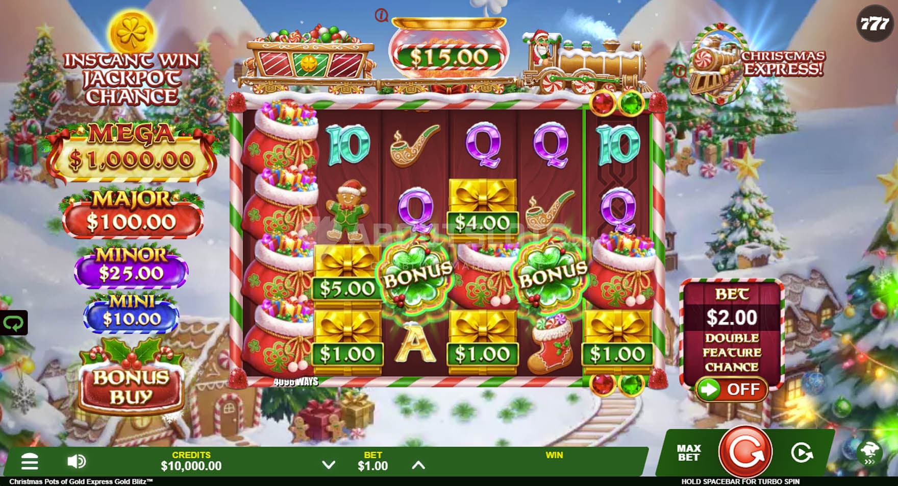 Screenshot of the base game, showing a 6x4 grid on a backdrop of a Christmas-themed landscape.