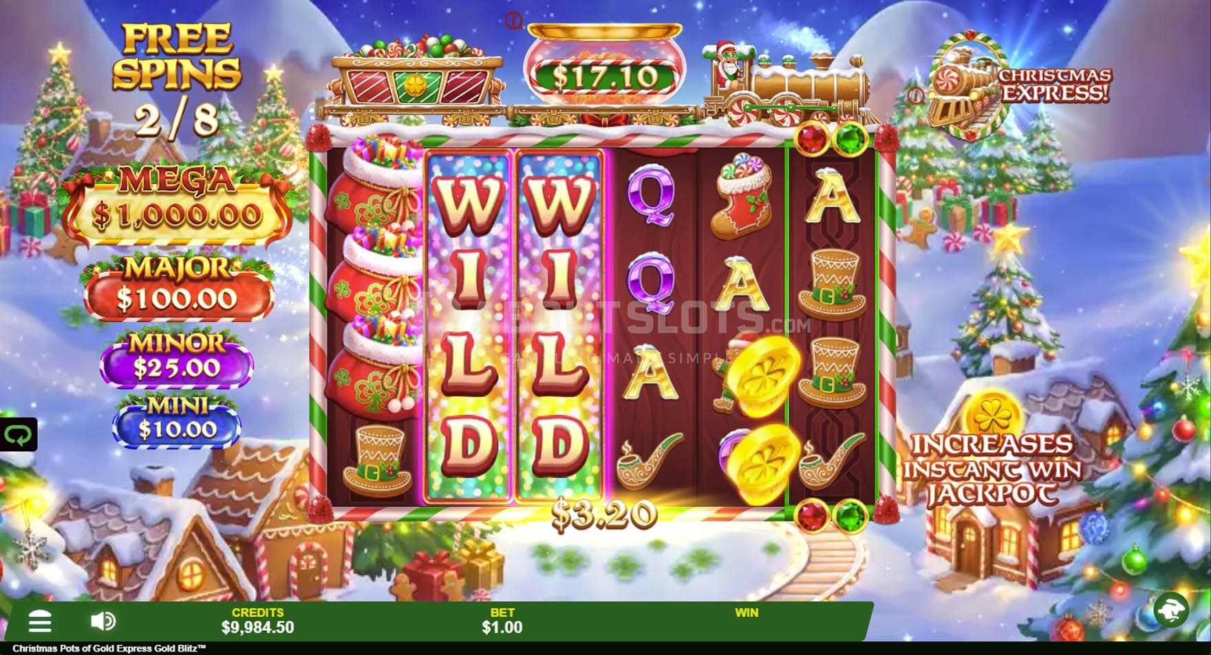 Screenshot of the Free Spins bonus in progress, showing two expanding Wilds on reels 2 and 3.