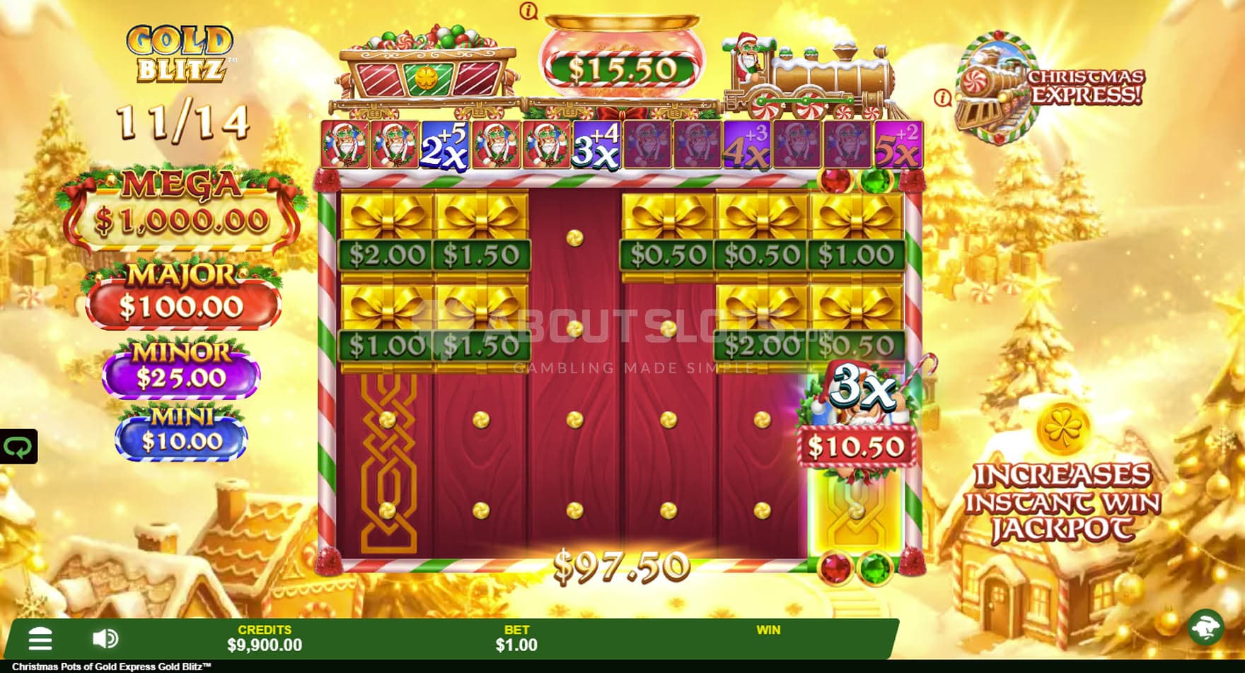 Screenshot of the Gold Blitz bonus in progress, with multiple cash symbols being collected.