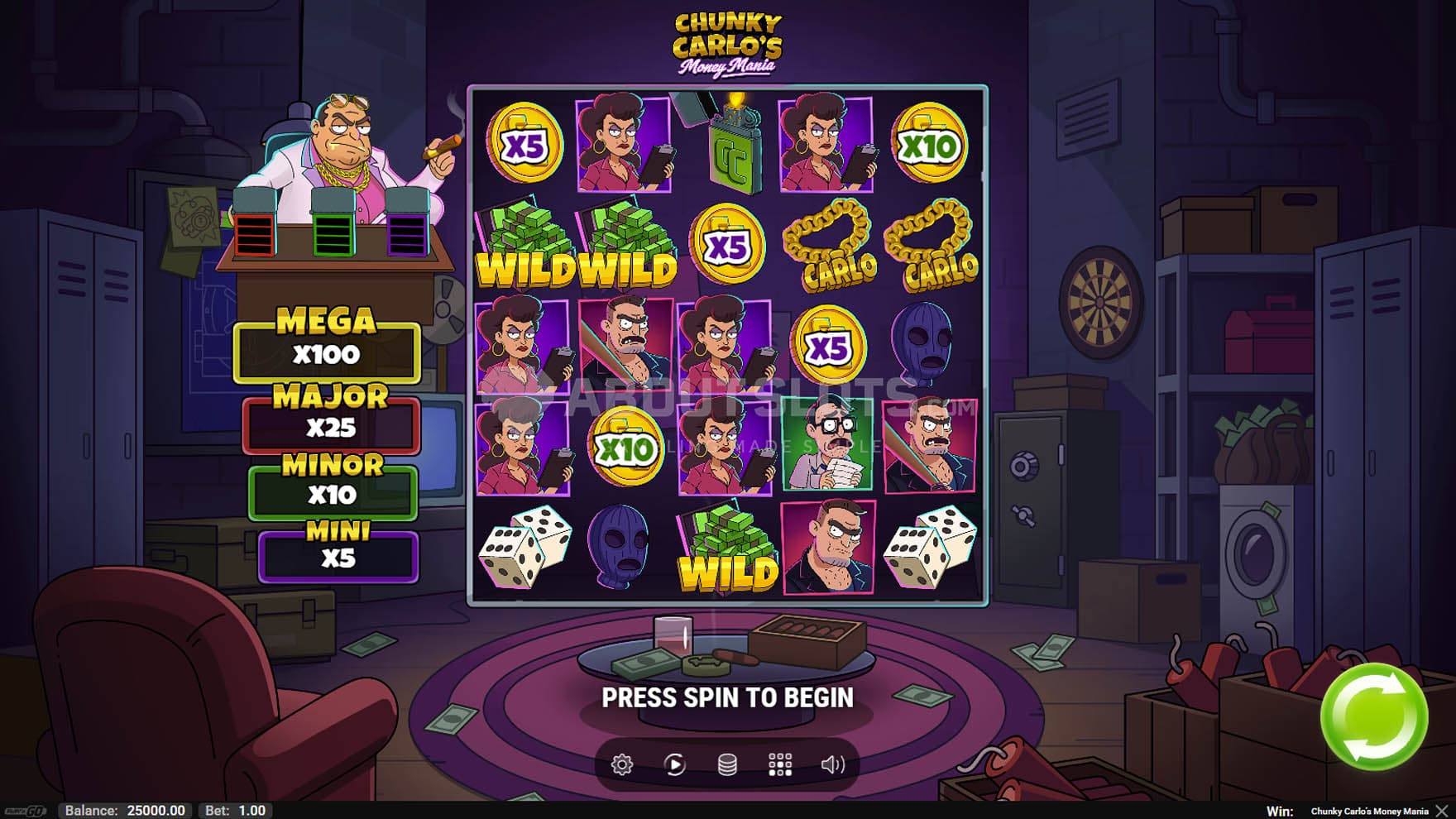 Screenshot of the base game, showing a 5x5 grid set inside a cartoony basement hideout.