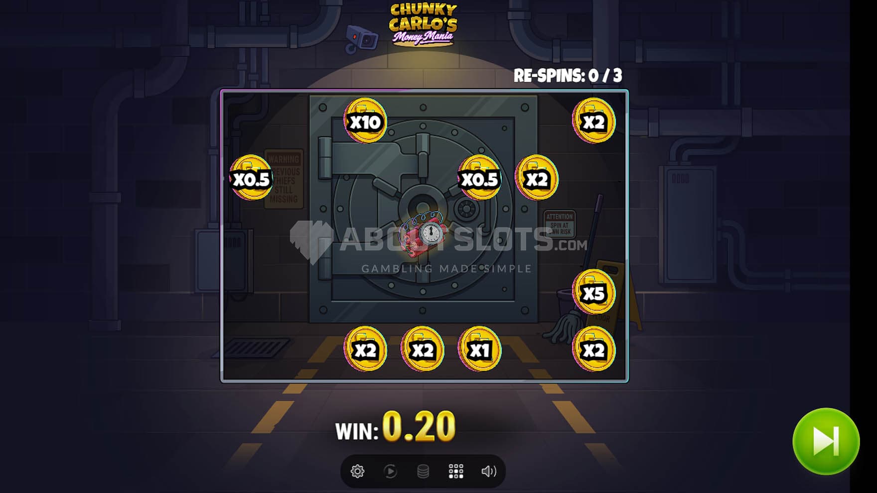 Screenshot of the Big Heist Bonus in progress, with multiple cash symbols stuck on the reels.