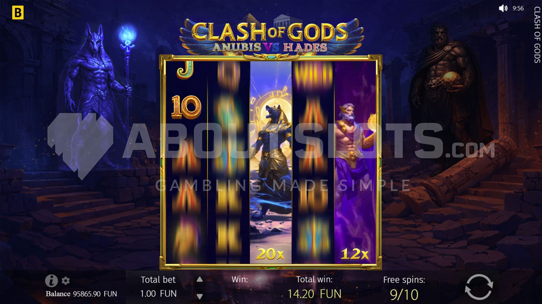 Anubis Free Spins in progress, showing two sticky Expanding Multiplier Wilds on reels 3 and 5 during a spin.