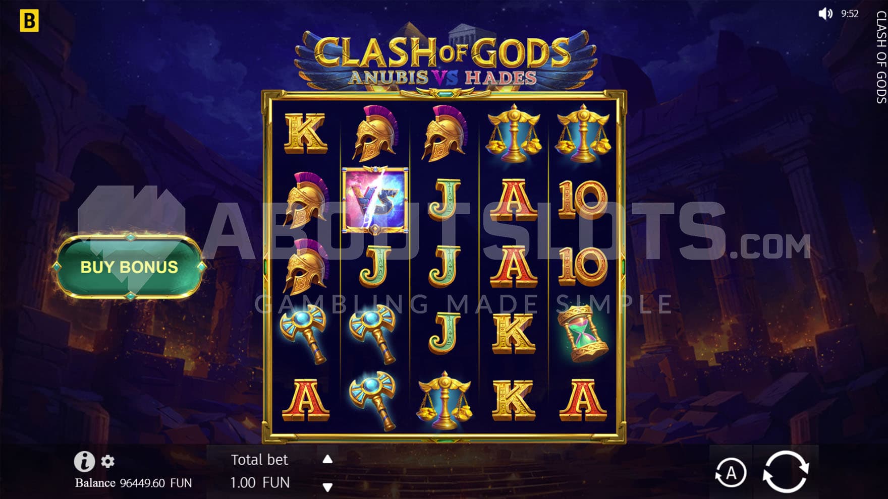 Base Game view of a 5x5 grid on a backdrop of a ruined Greek temple at night.