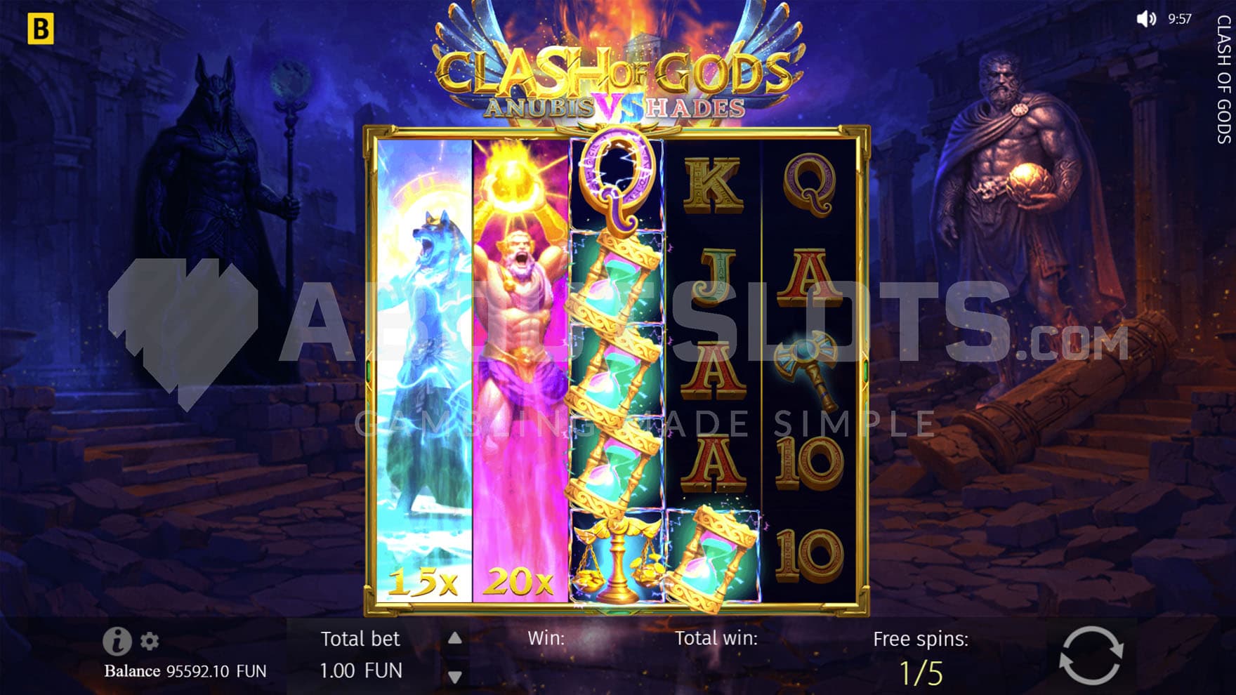 Hades Free Spins in progress, showing two Expanding Multiplier Wilds on the first and second reel.