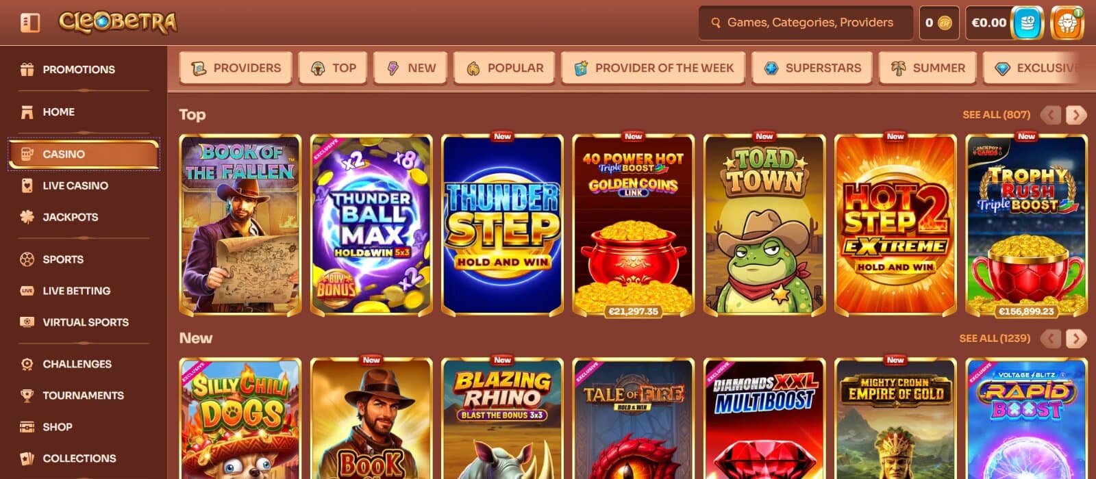 Cleobetra Casino games page featuring slot icons under sorting category tabs for providers and genres