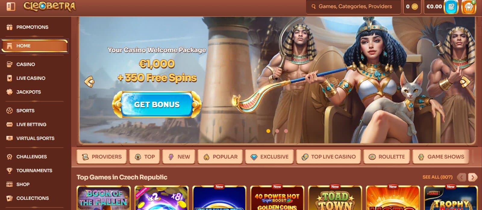Cleobetra Casino landing page featuring the welcome bonus package image banner next to game category tabs, top game section, and side navigation menu
