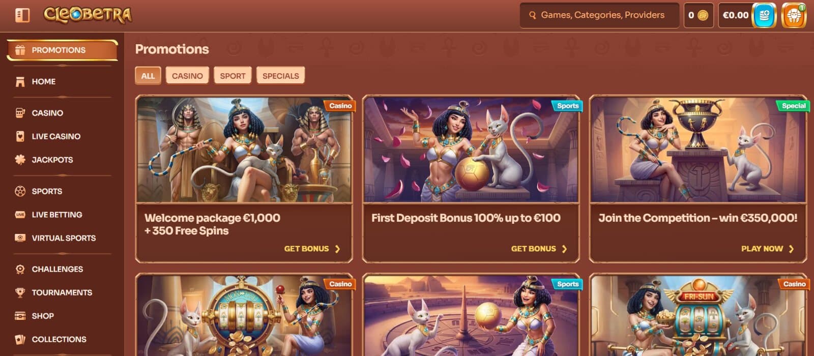 Cleobetra Casino promotions page featuring the welcome bonuses, reload bonuses roulette run, daily cashback, live cashback and images of pharaoh queen and her cat