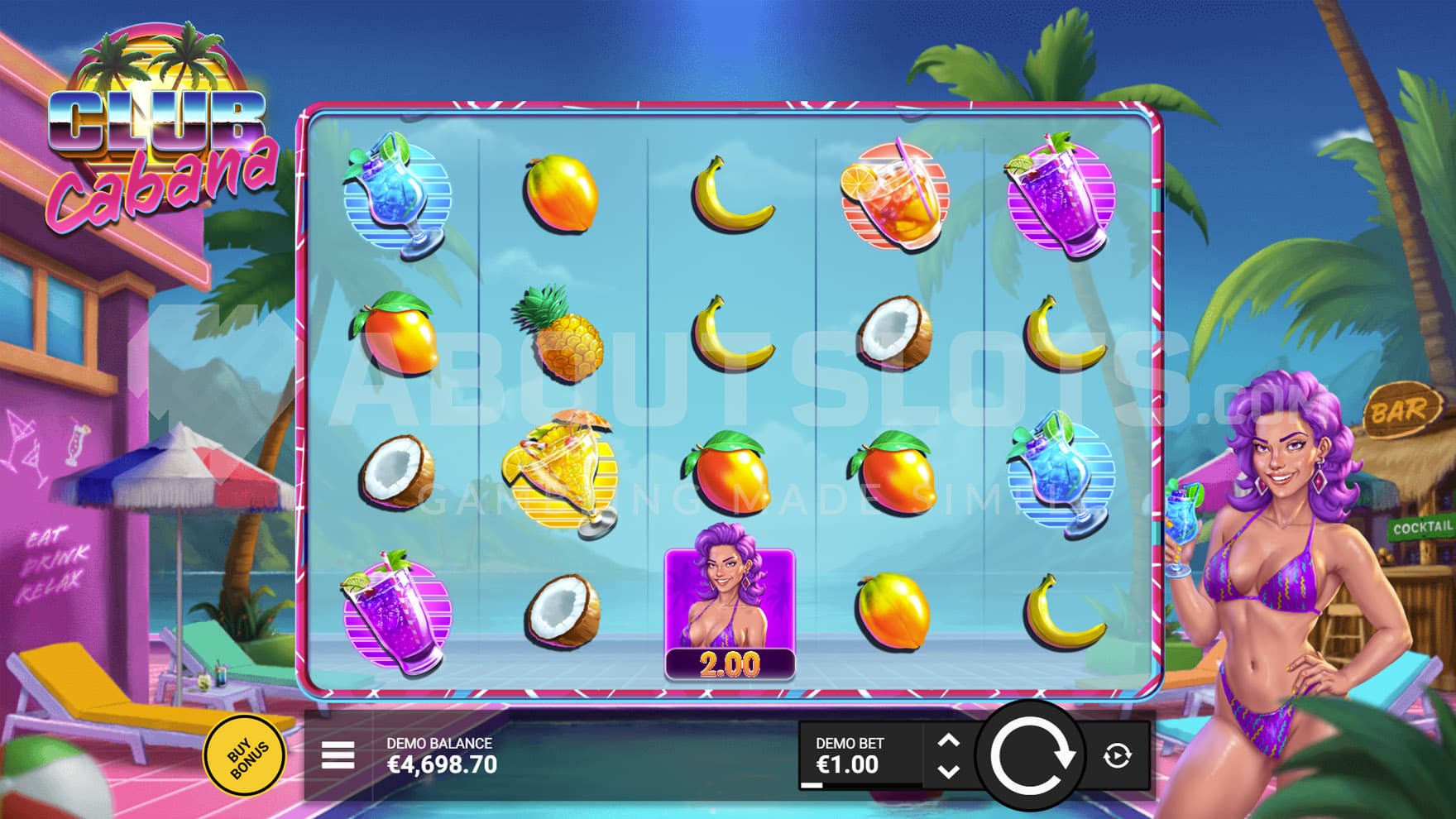 Base Game view of a 5x4 grid on a backdrop of a tropical resort, with an attractive woman in bikini on the right.