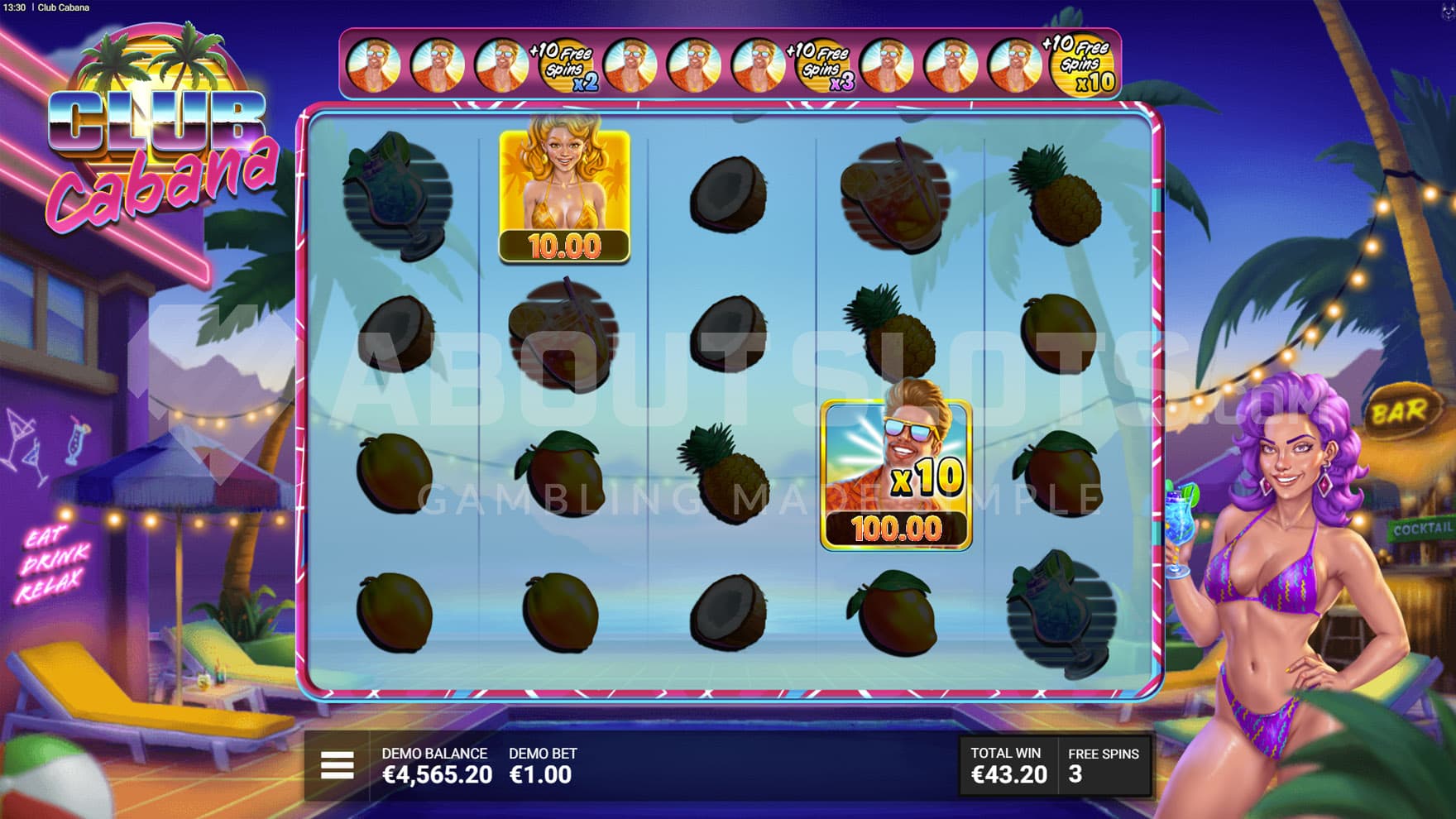 Free Spins bonus in progress, showing one cash prize being won and multiplied by x10.