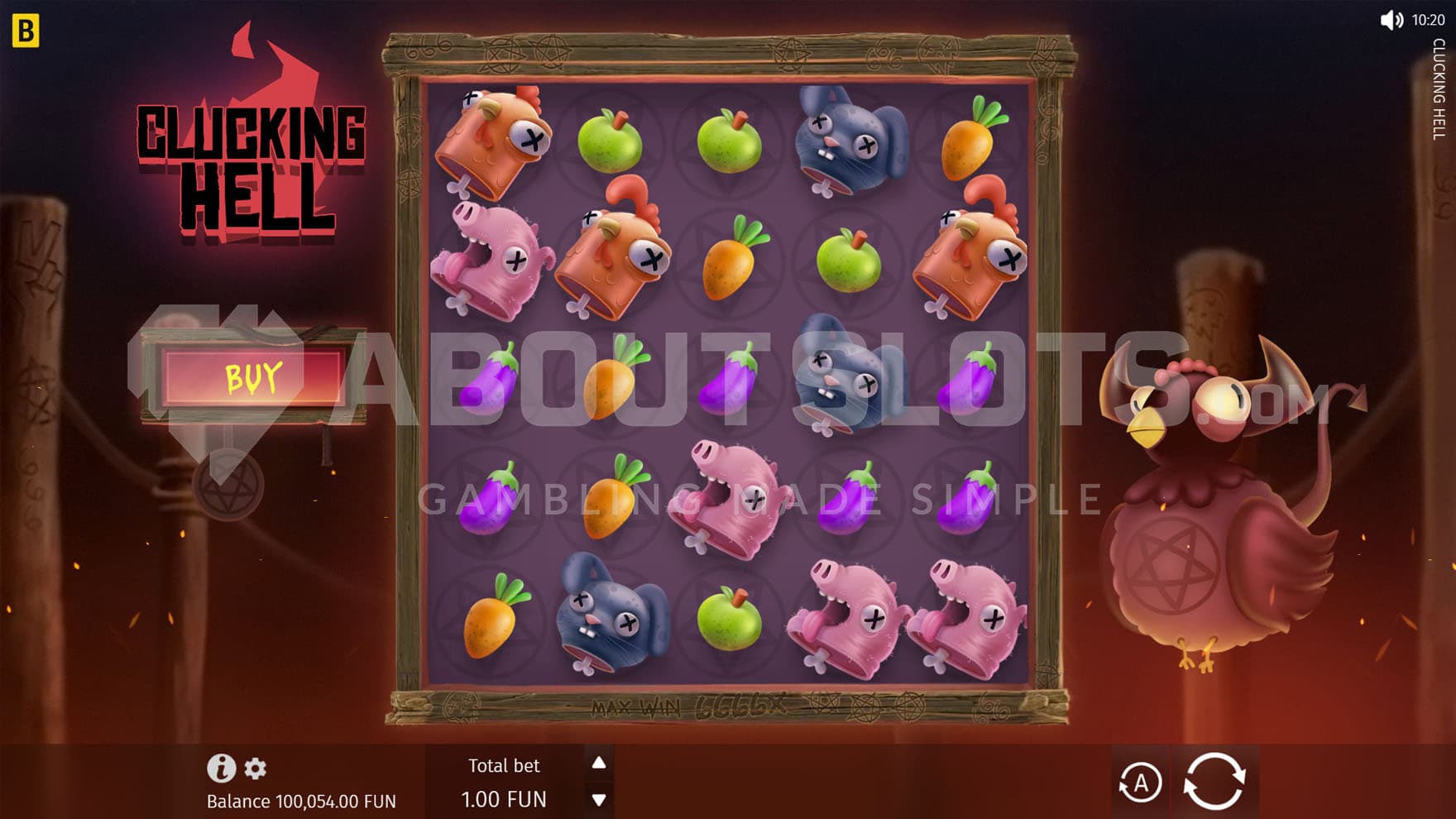 Base Game view of a 5x5 grid with a devil chicken hovering on the right.