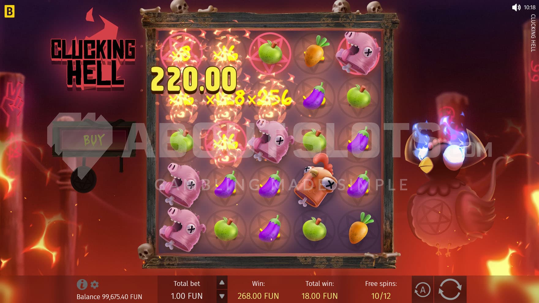 Free Spins bonus in progress, showing multiple positions with high multipliers and a high-value win being created.