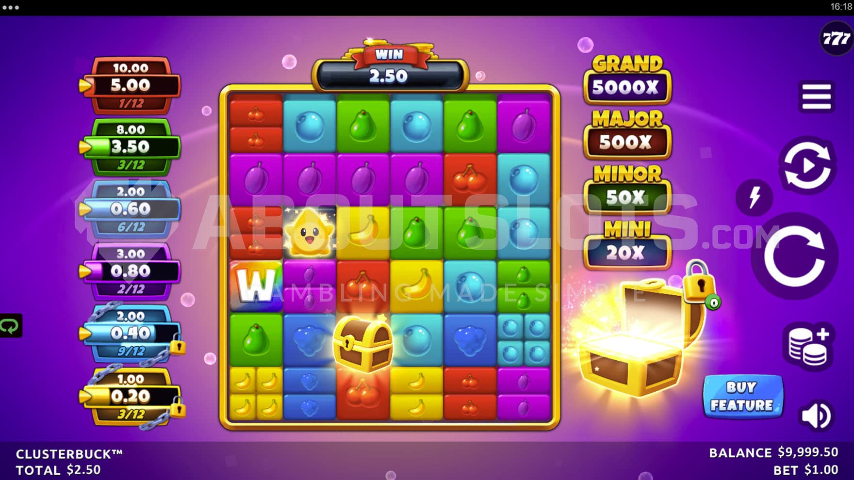 Base Game view of a 6x6 grid on a purple backdrop, with win meters on the left and jackpot boxes on the right.