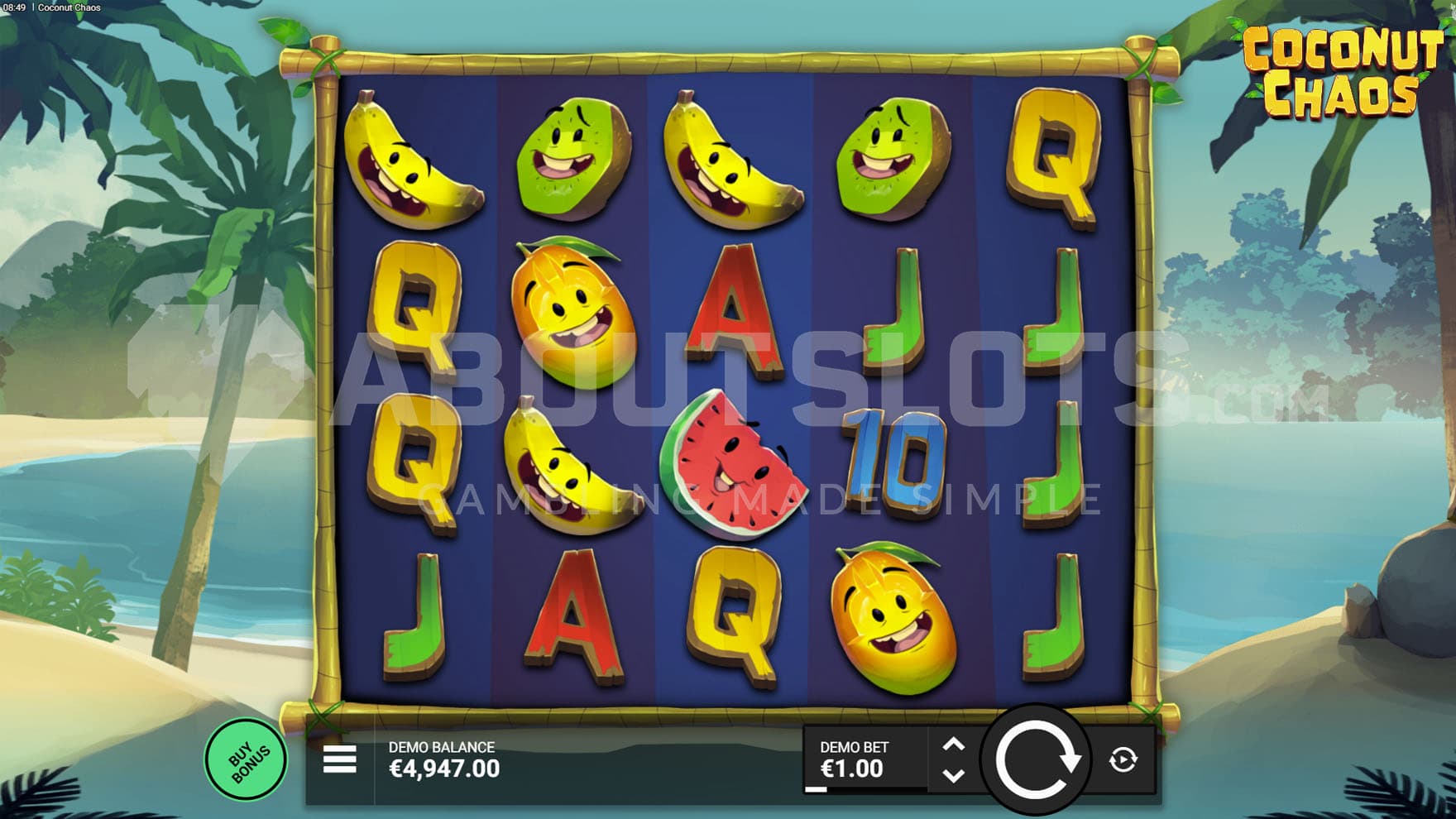 Base Game view of a 5x4 grid on a backdrop of a tropical beach.