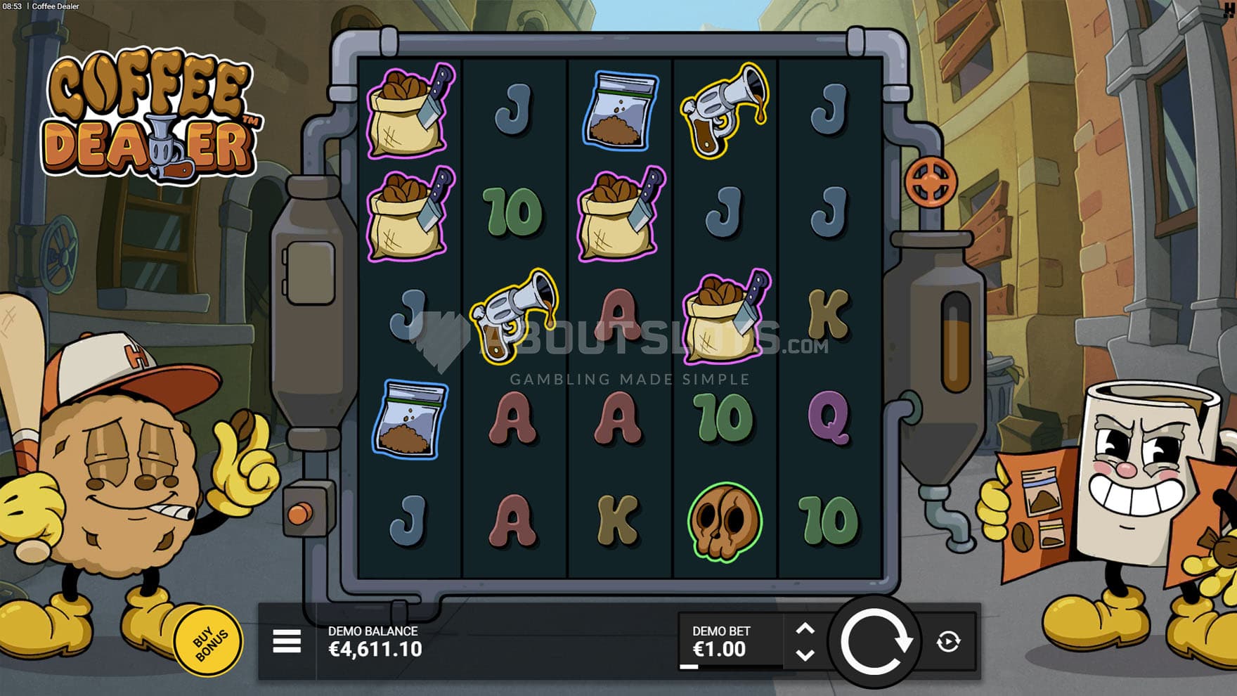 Screenshot of the base game, showing a 5x5 grid on a backdrop of a cartoon back alley, with two characters standing on the sides.