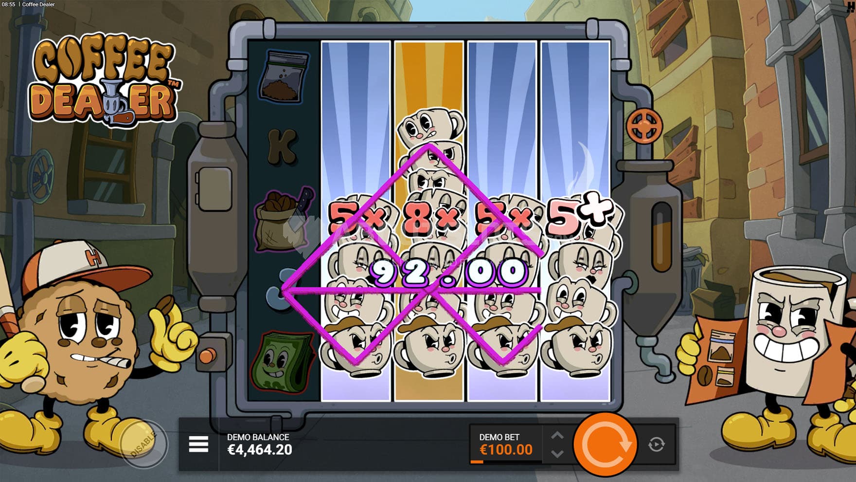 Screenshot of the Coffee Breath Featurespin in progress, with four out of five reels covered with Wild Reels.