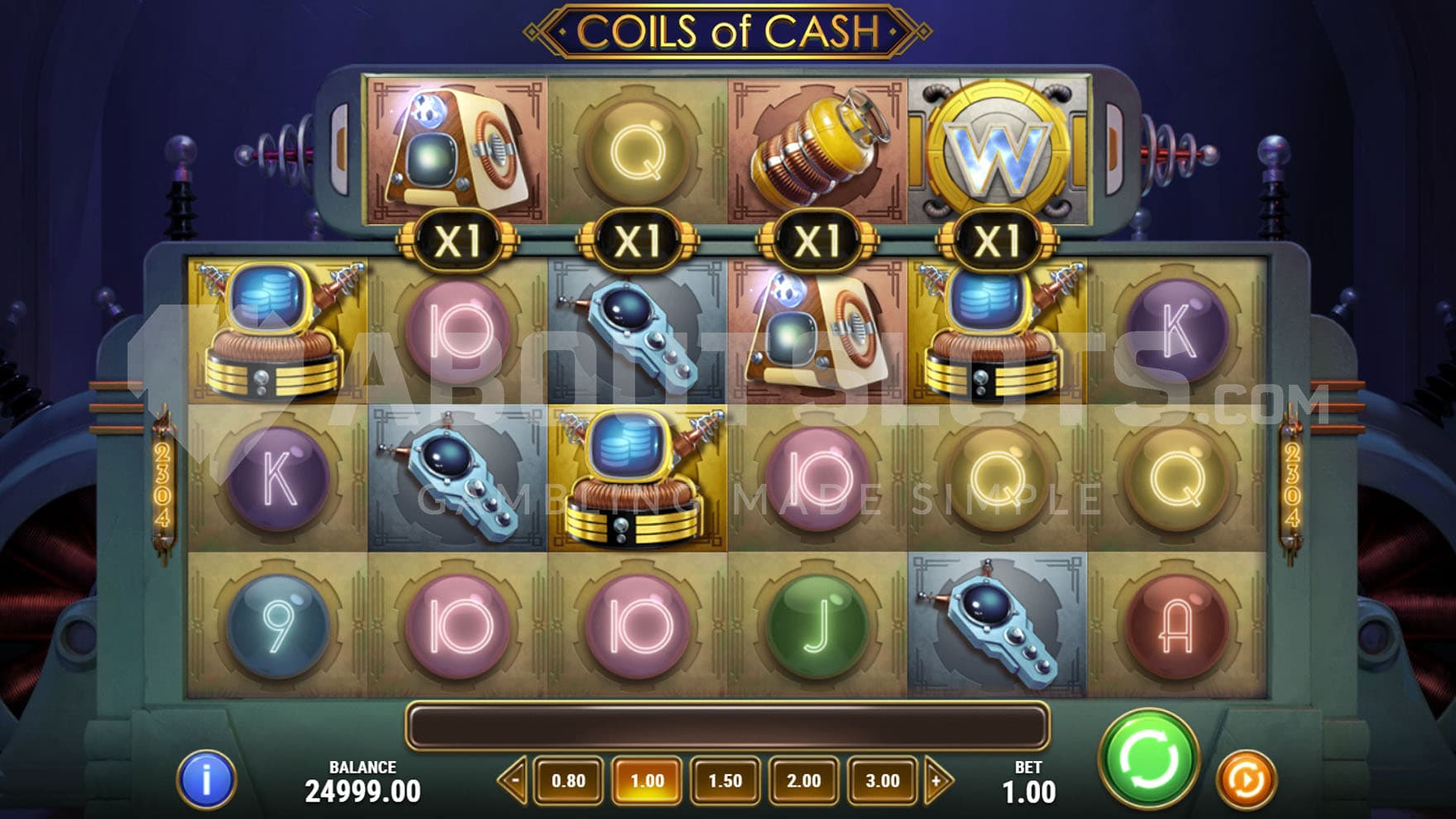 Base Game view of a 6-reel grid populated with retro technology-themed symbols on a backdrop of a hall with some machinery in the middle.