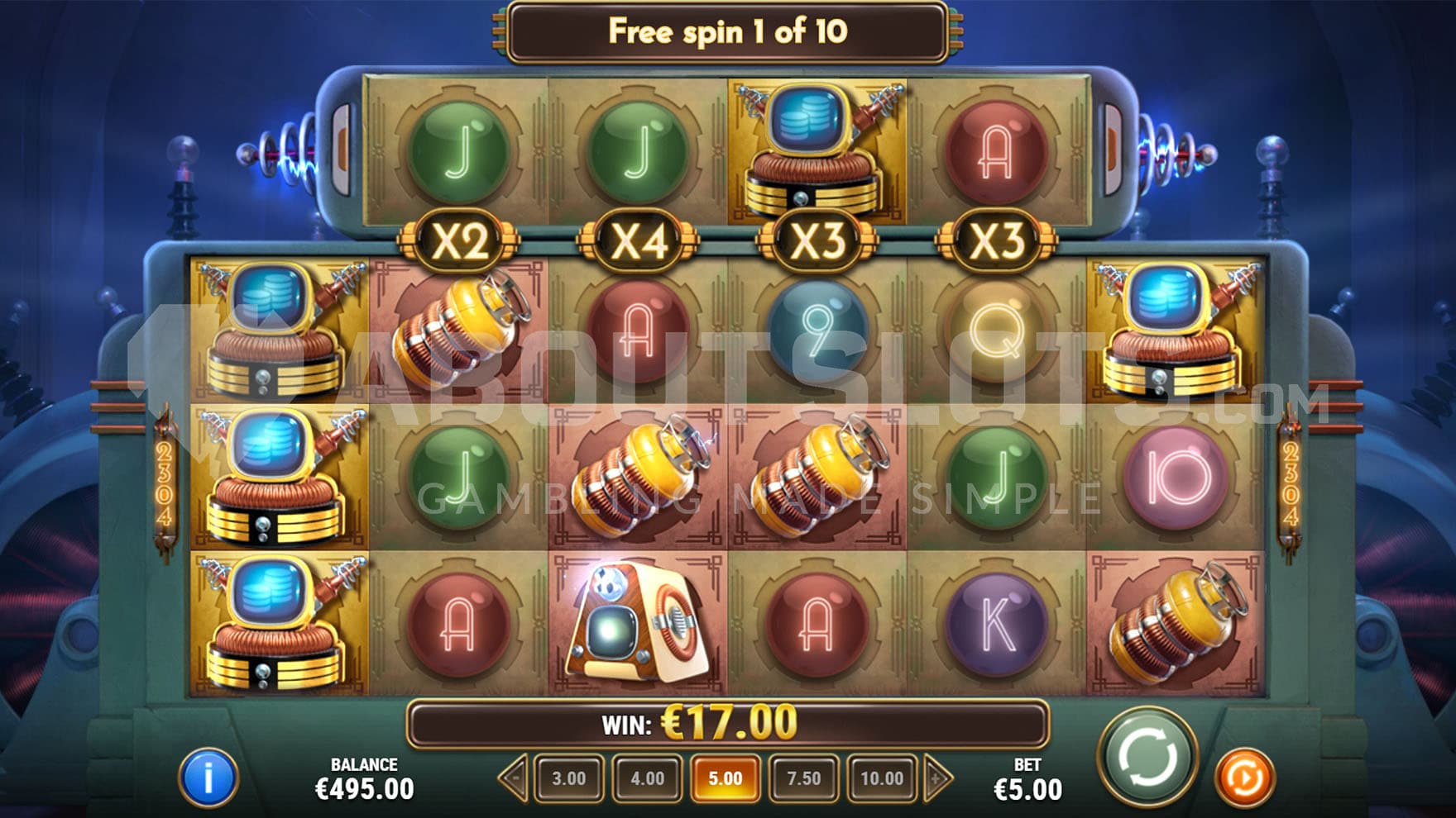 Free Spins bonus in progress, showing all multipliers on the Power Coil increased.