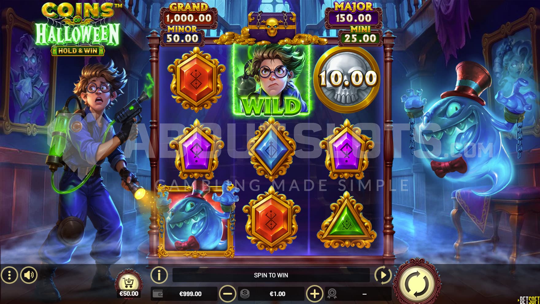 Base Game view of a 3x3 grid on a backdrop of a haunted mansion, with a young ghost hunter on the left and a ghost on the right.