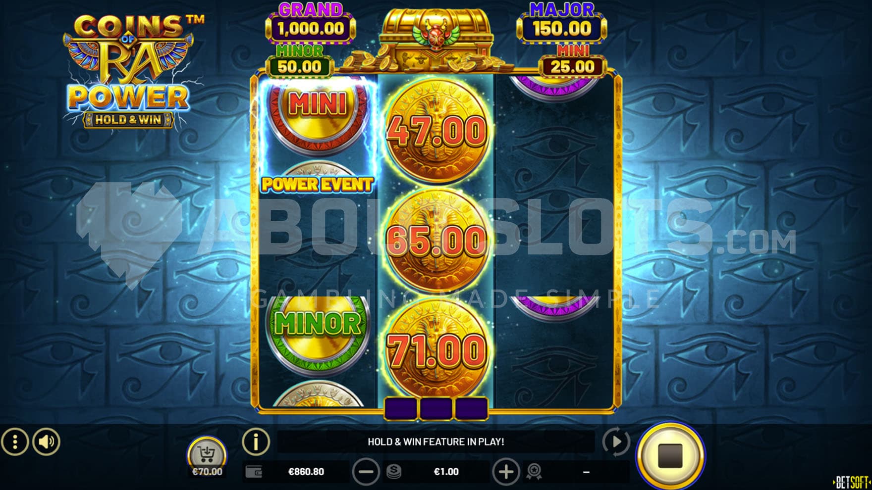 Hold & Win feature in progress with 3 Ra Coins on the middle reel and an ongoing respin.