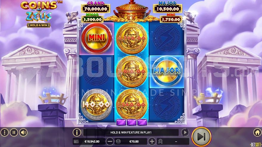 Six of nine positions of the grid filled with valuable coins in the bonus game.
