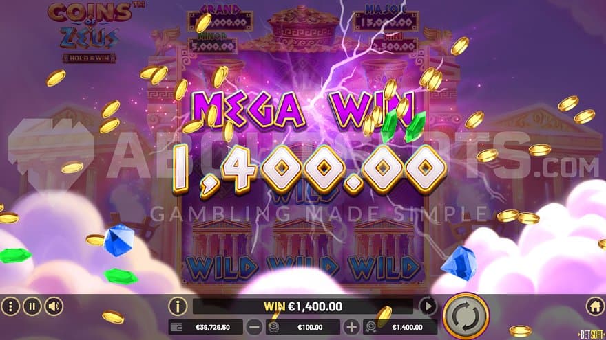 A screen congratulating a win of 14X the bet.