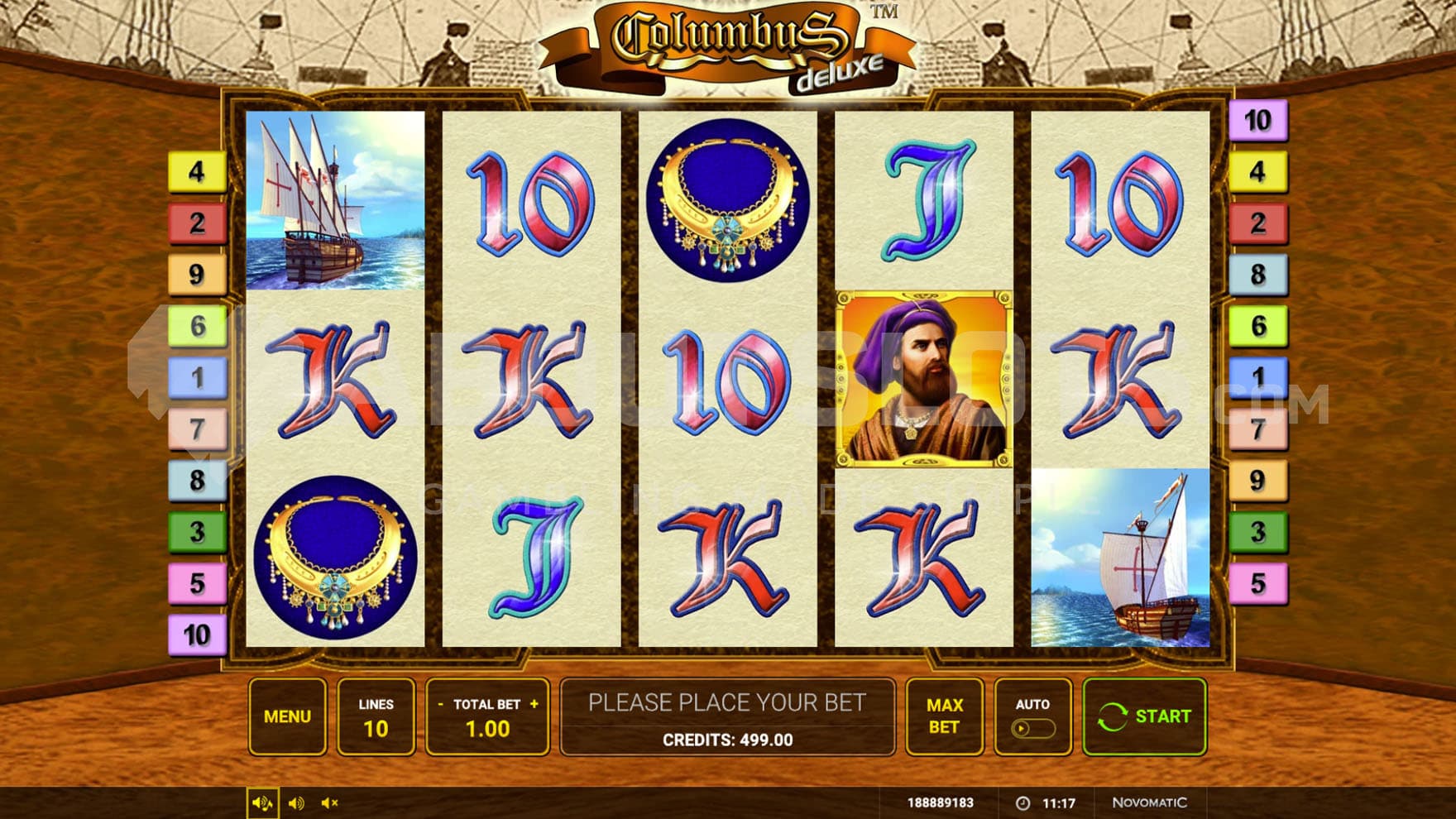 Base Game view of a 5x3 grid on a backdrop of a retro map, with a mix of high, low-paying and special symbols on the reels.