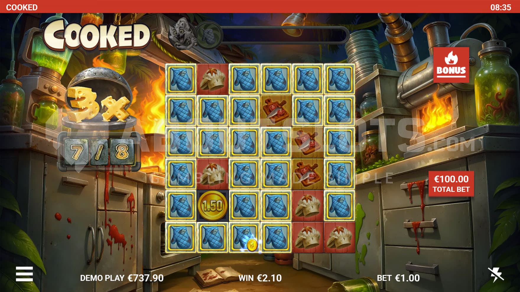 Bonus Game in progress, showing multiple upgrades creating a massive cluster on the grid.