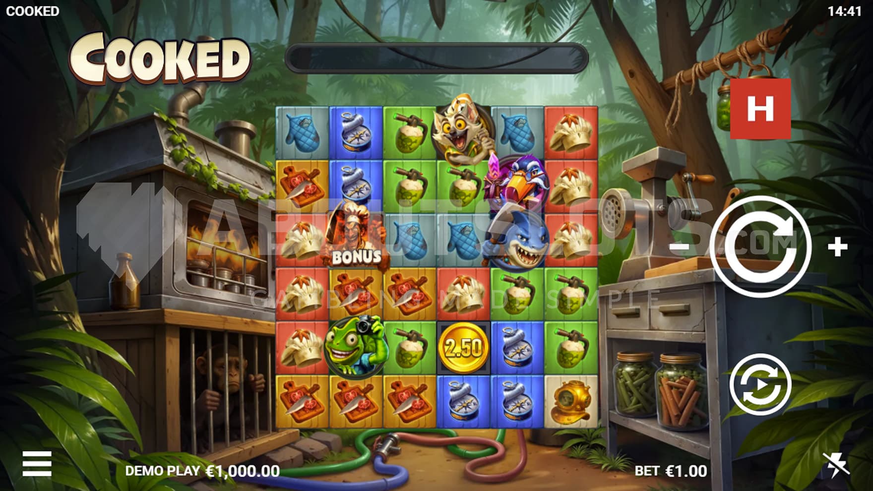 Screenshot of a base game from the Cooked slot by Hold Your Hat studio.