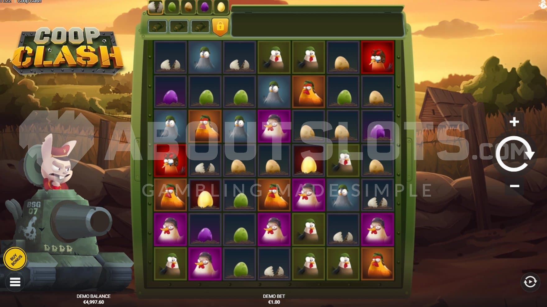 A casino slot with a rabbit in a tank next to the reels.